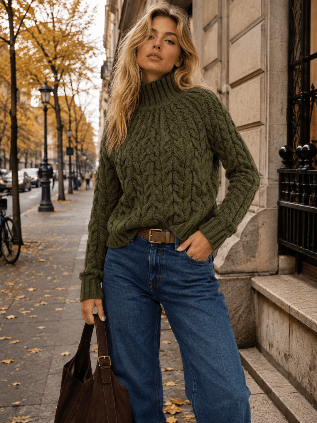 WOMEN'S LONG SLEEVE TURTLE NECK CABLE PULLOVER SWEATERS