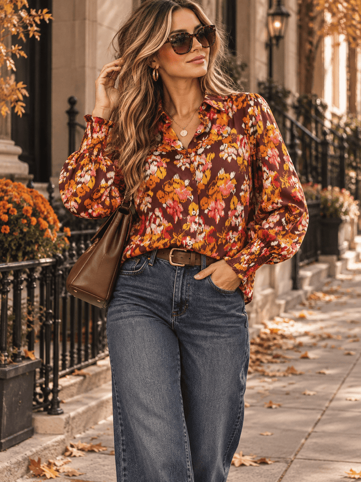 ENTRO WOMEN'S LONG SLEEVE BUTTON UP FLORAL PRINT BLOUSE