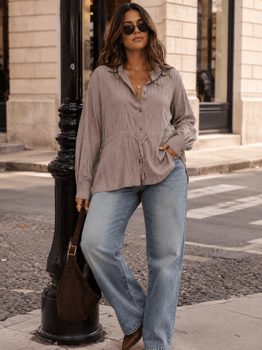 ENTRO WOMEN'S LONG SLEEVE BUTTON UP ADJUSTABLE WAIST BLOUSE