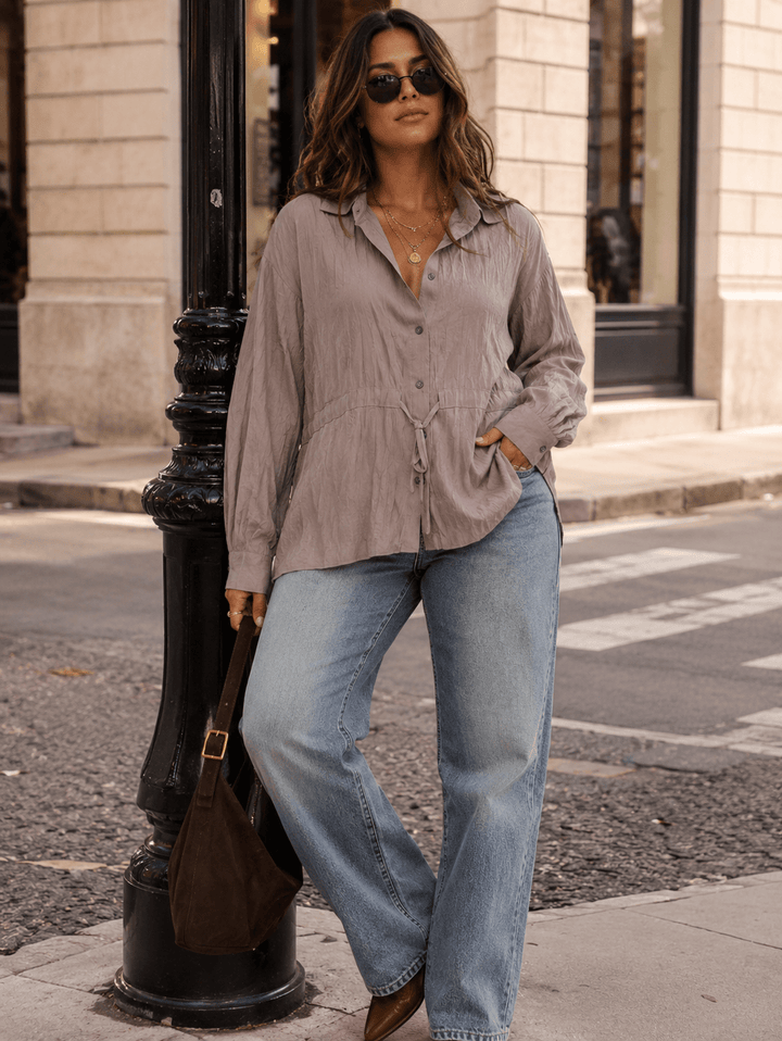 ENTRO WOMEN'S LONG SLEEVE BUTTON UP ADJUSTABLE WAIST BLOUSE