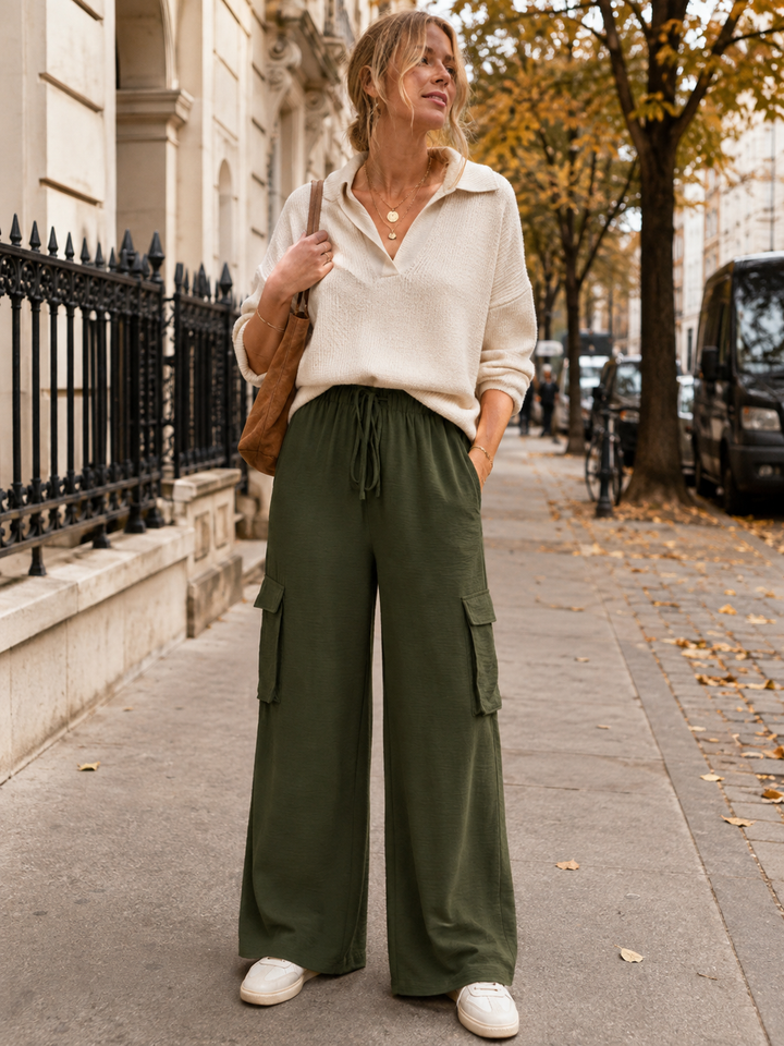 ENTRO WOMEN'S ELASTIC WAIST SELF TIE CARGO POCKETS WIDE LEG PANTS