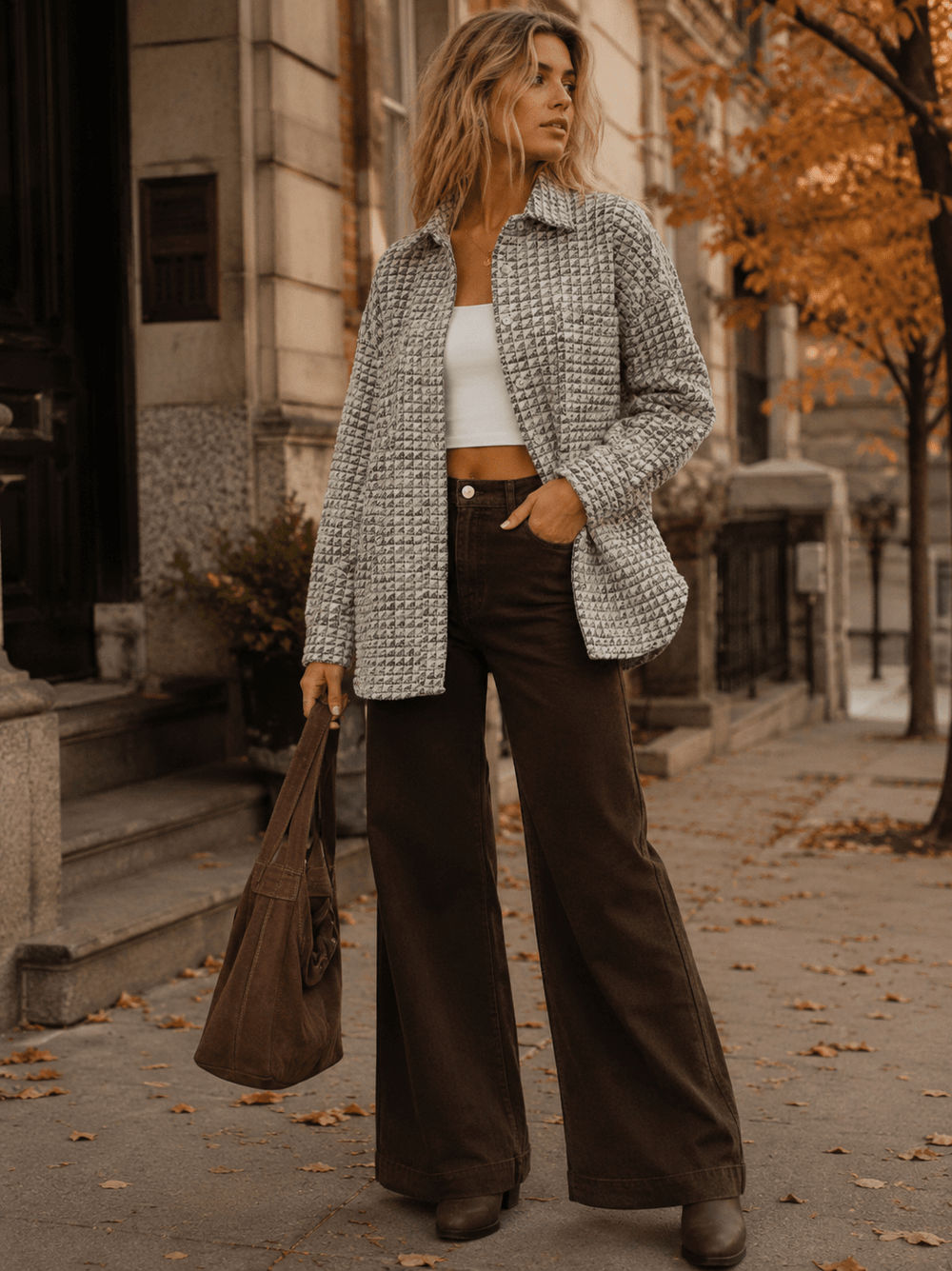 WOMEN'S LONG SLEEVE BUTTON UP FRONT POCKETS SHIMMER TWEED JACKET