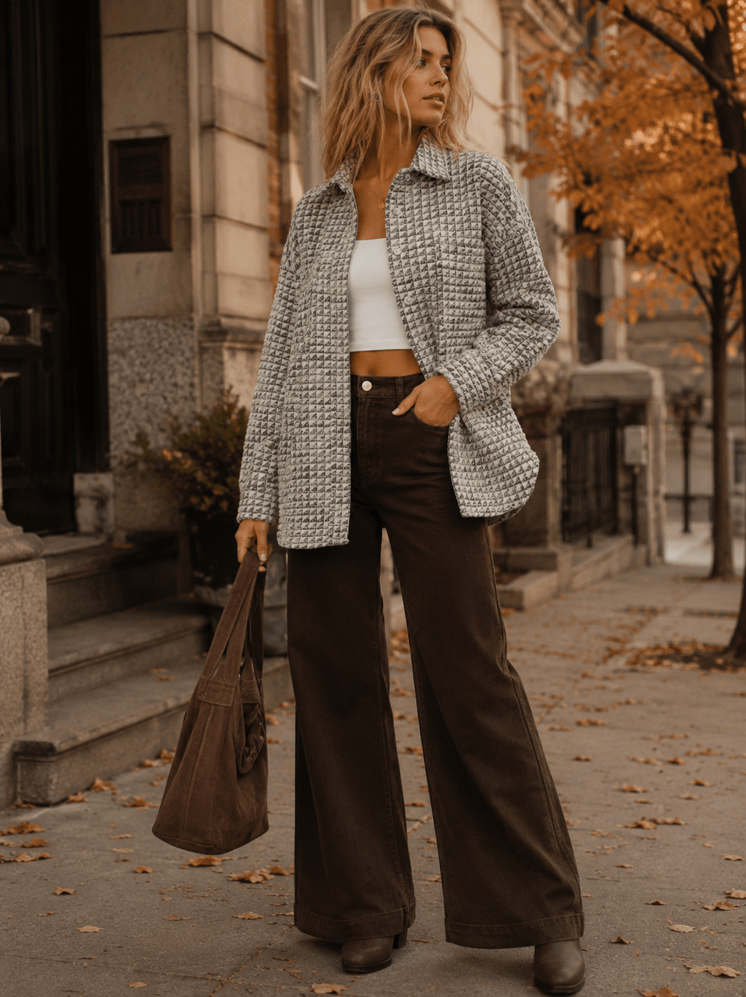WOMEN'S LONG SLEEVE BUTTON UP FRONT POCKETS SHIMMER TWEED JACKET
