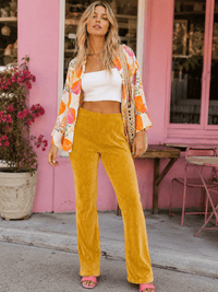 WOMEN'S ELASTIC WAIST BELL LEG RIBBED PANTS