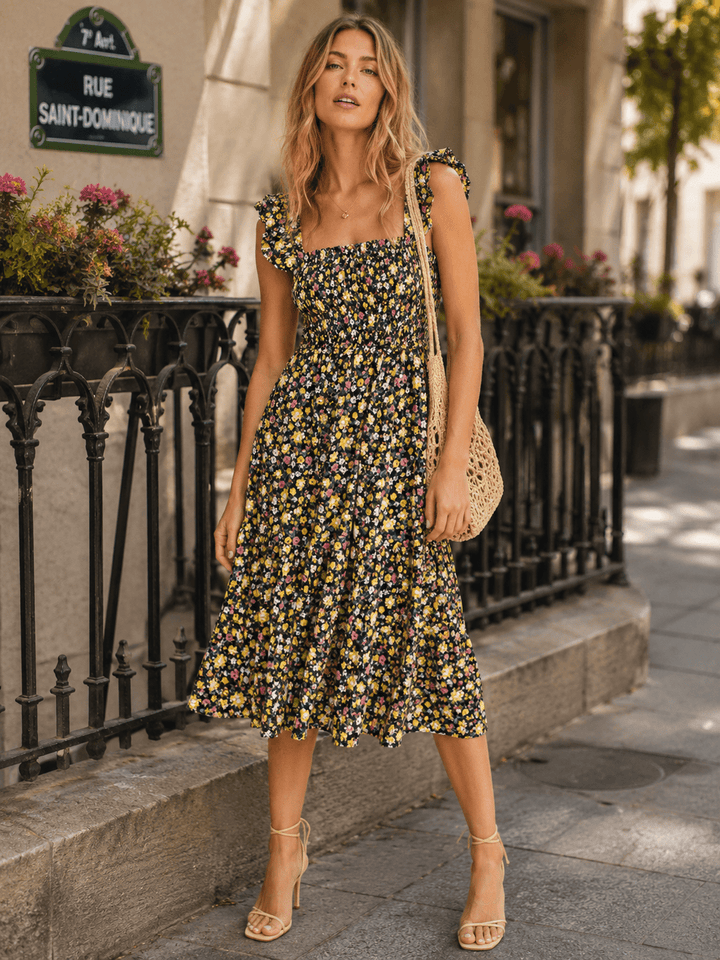 WOMEN'S SLEEVELESS SQUARE NECK SMOCK OPEN BACK FLORAL MIDI DRESS