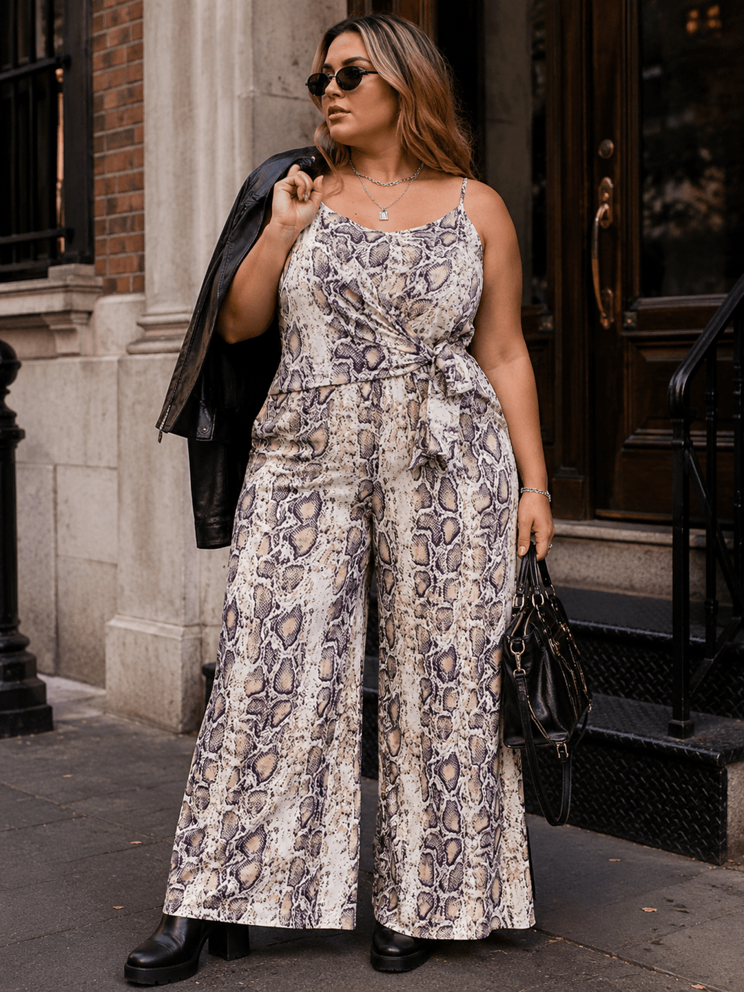 PLUS SIZE SLEEVELESS FRONT TIE ELASTIC WAIST SNAKE PRINT WIDE LEG JUMPSUIT