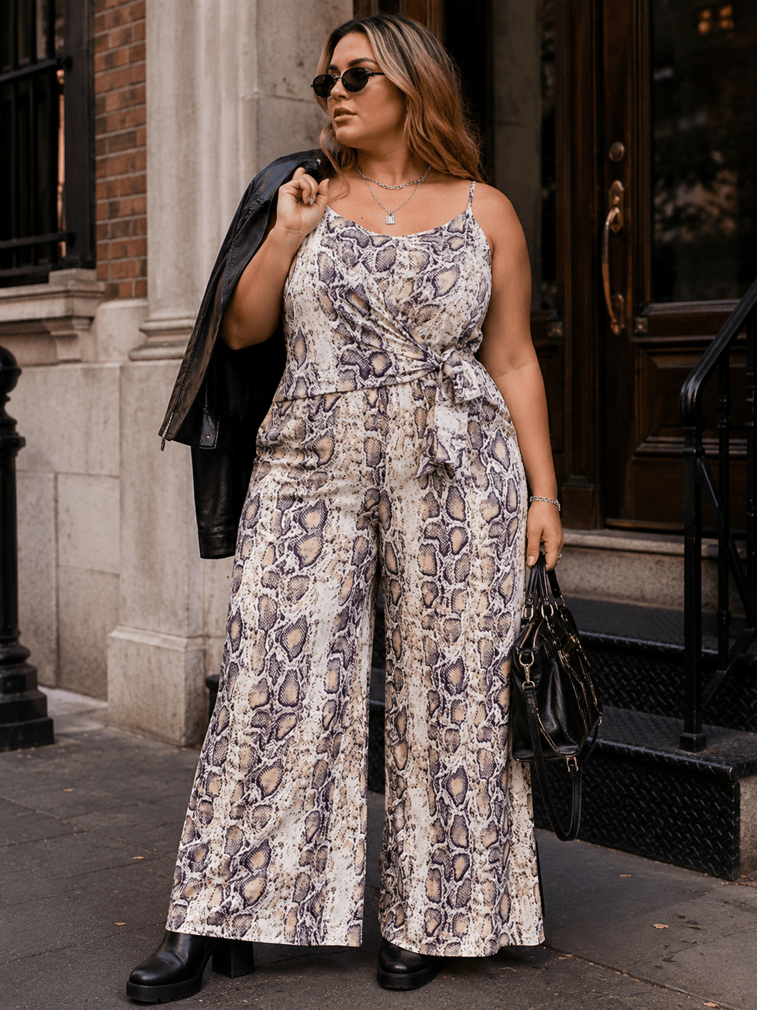 PLUS SIZE SLEEVELESS FRONT TIE ELASTIC WAIST SNAKE PRINT WIDE LEG JUMPSUIT