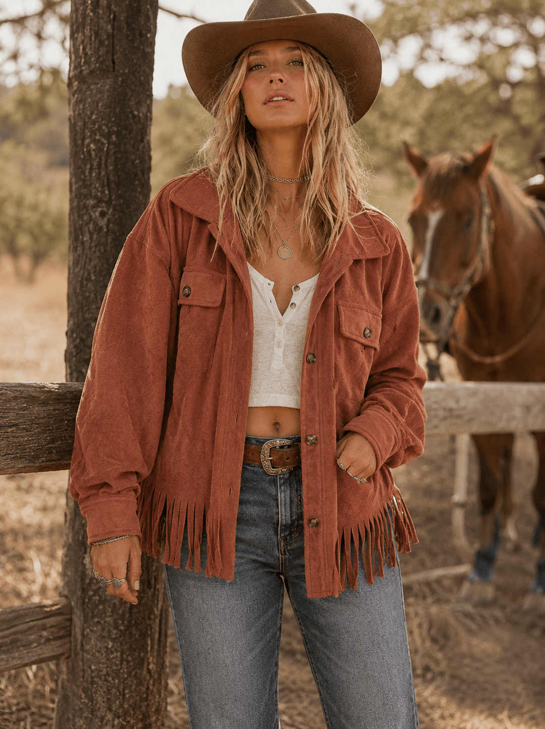 WOMEN'S LONG SLEEVE BUTTON CLOSURE FRONT POCKETS FRINGE JACKET