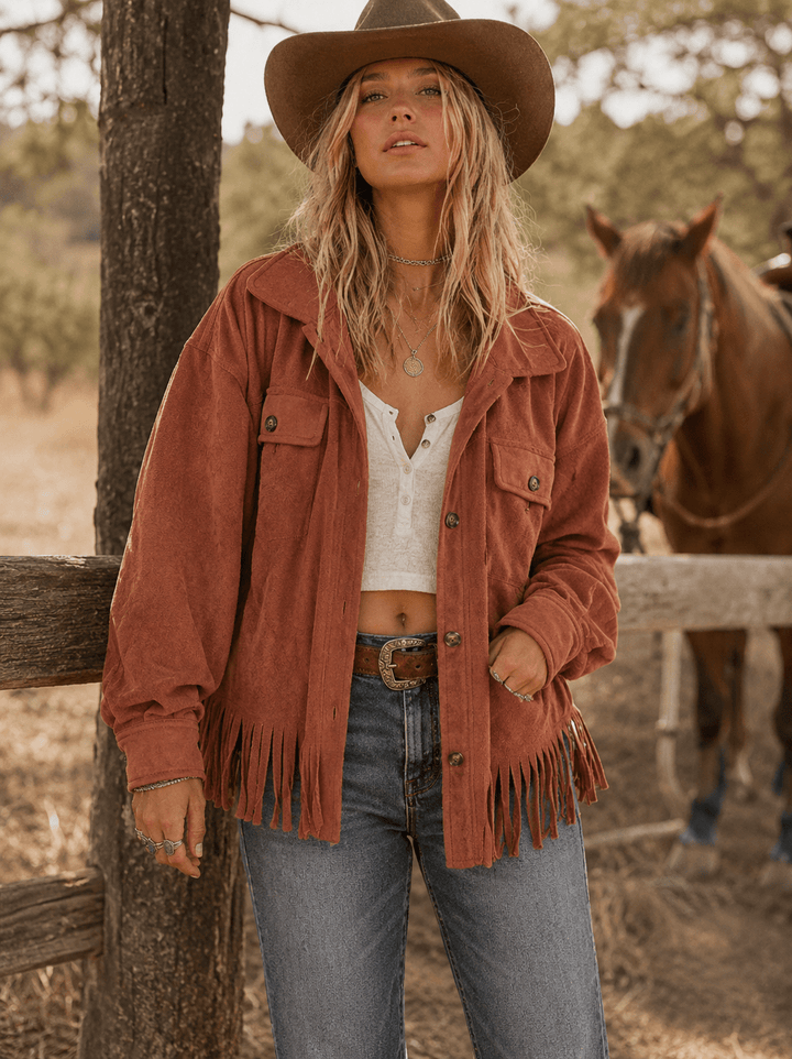 WOMEN'S LONG SLEEVE BUTTON CLOSURE FRONT POCKETS FRINGE JACKET