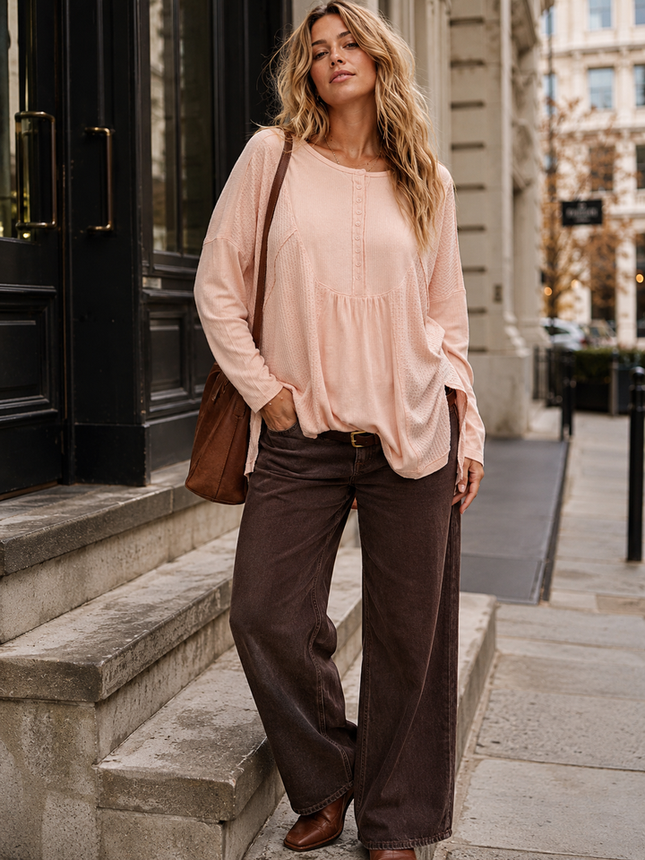 WOMEN'S LONG SLEEVE BUTTON UP HIGH-LOW OVERSIZED CONTRAST TOP