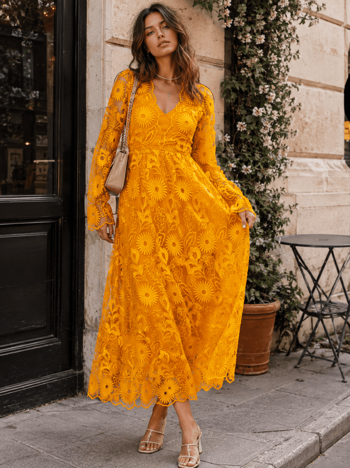 BEULAH WOMEN'S LONG SLEEVE V-NECK FLORAL EMBROIDERY MAXI DRESS