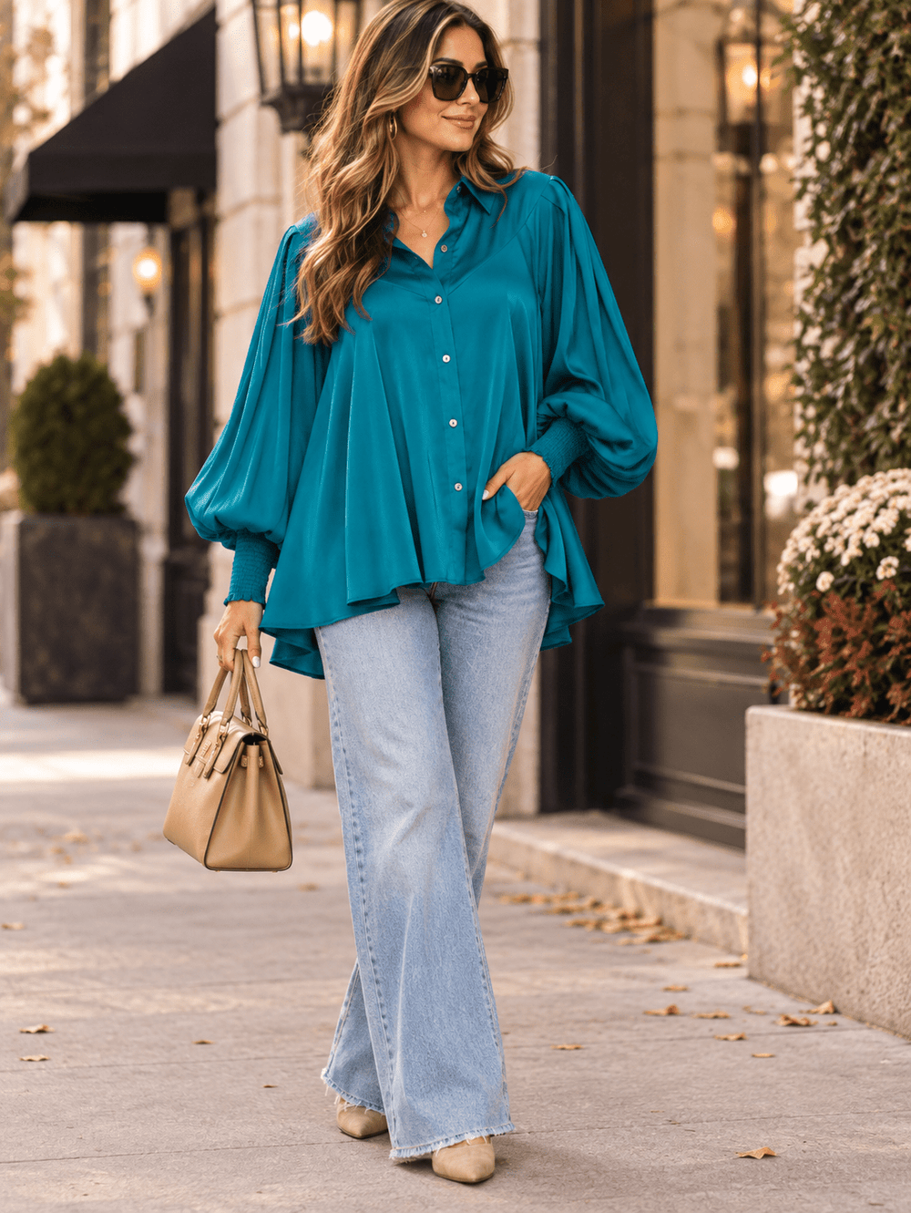 ENTRO WOMEN'S LONG SLEEVE BUTTON UP LOOSE FIT TUNIC BLOUSE