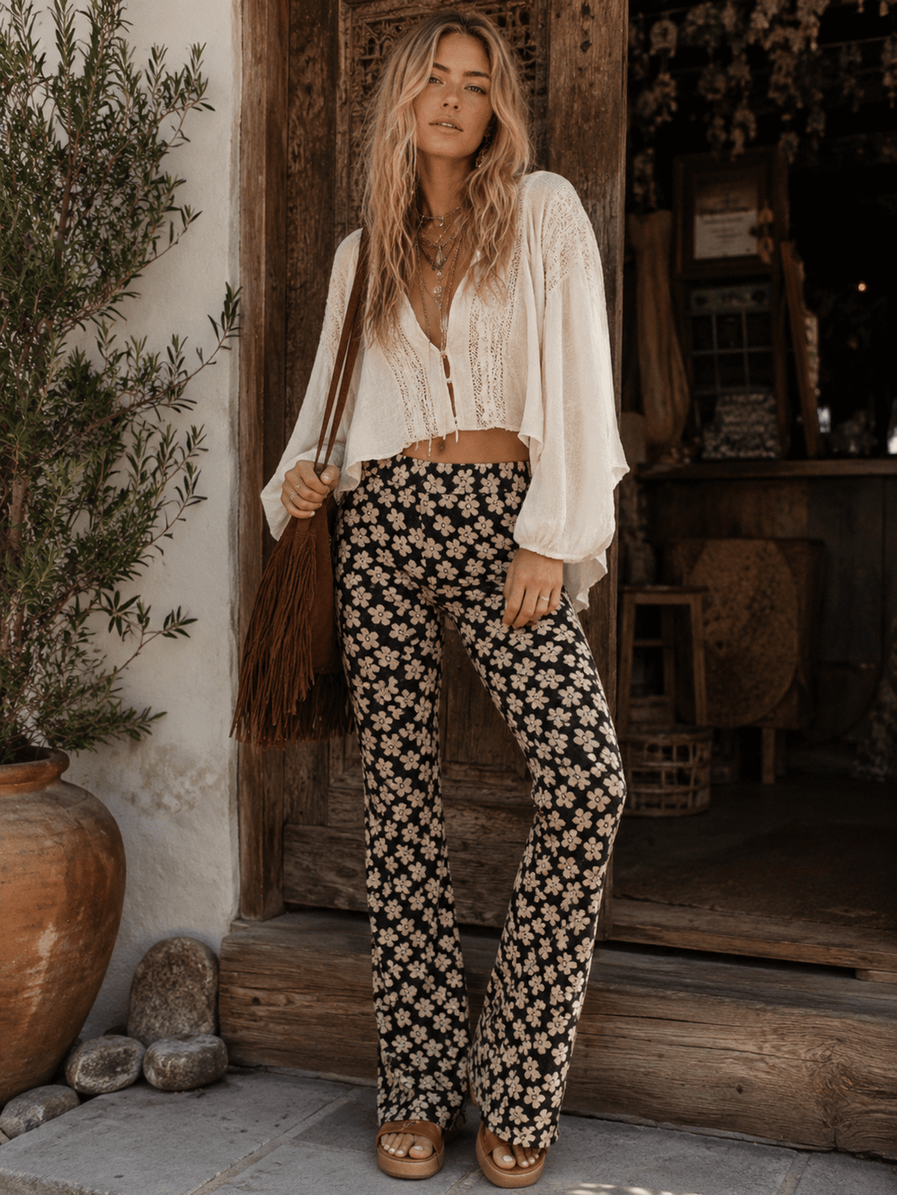WOMEN'S ELASTIC WAIST BELL LEG COLORBLOCK FLORAL PANTS