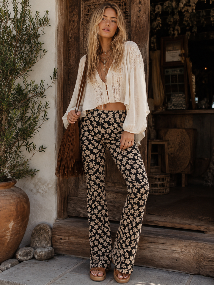 WOMEN'S ELASTIC WAIST BELL LEG COLORBLOCK FLORAL PANTS