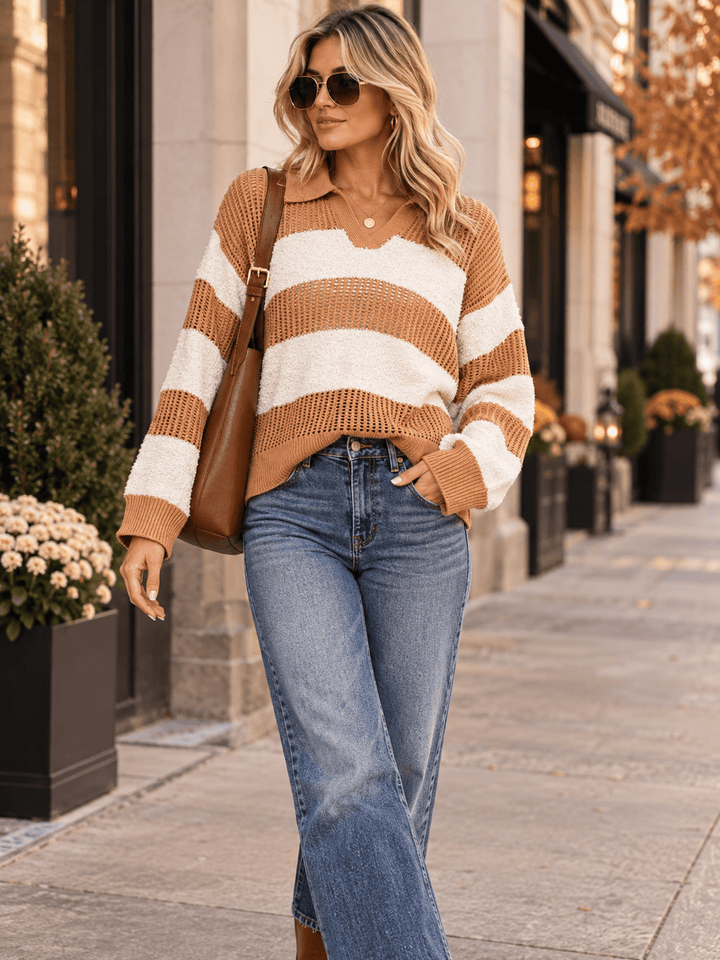 WOMEN'S LONG SLEEVE V-NECK KNIT COLORBLOCK STRIPES PULLOVER SWEATER