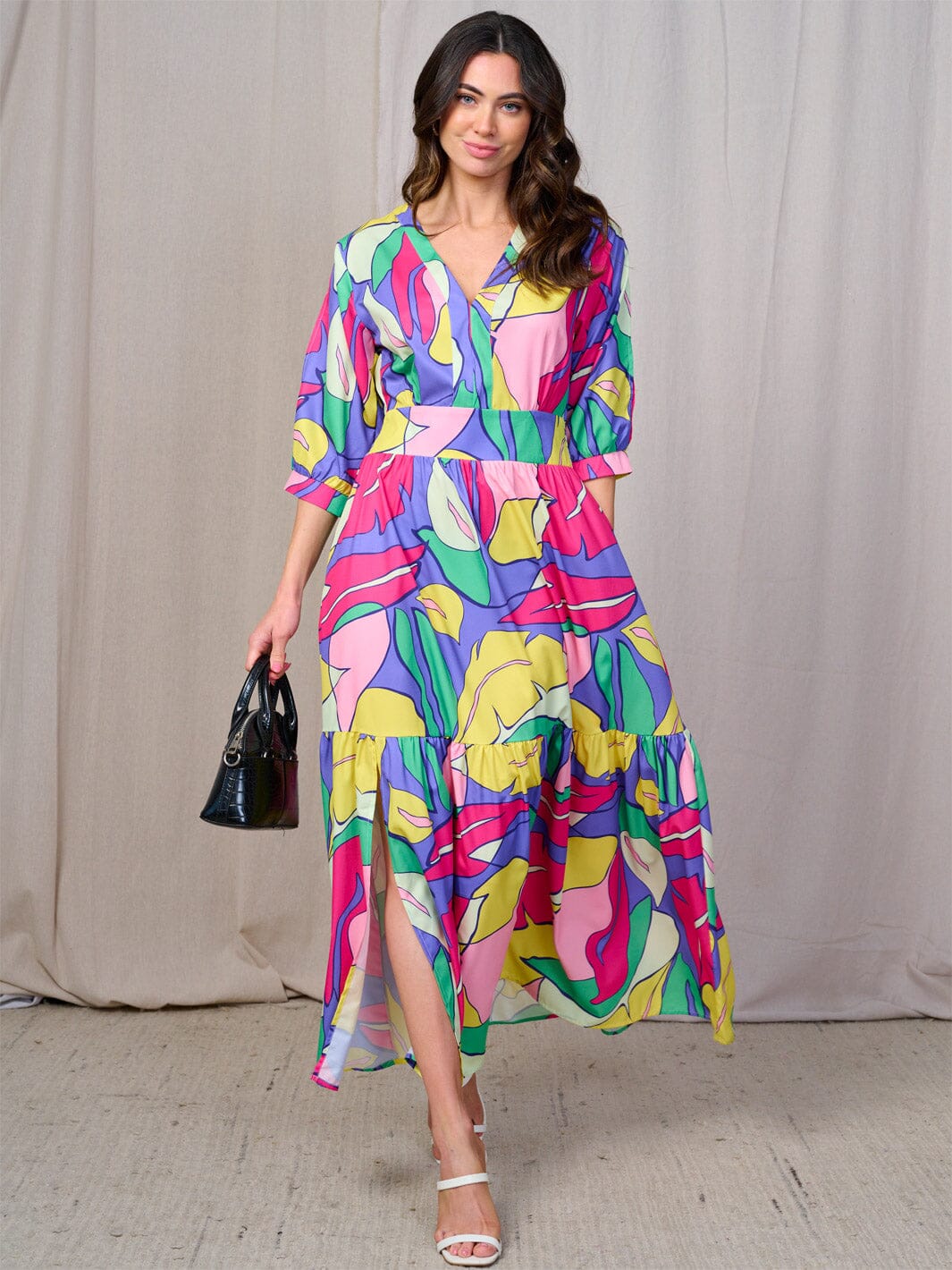 WOMEN'S 3/4 COLD SHOULDER SLEEVES SMOCK WAIST V-NECK MULTI PRINT MAXI DRESS