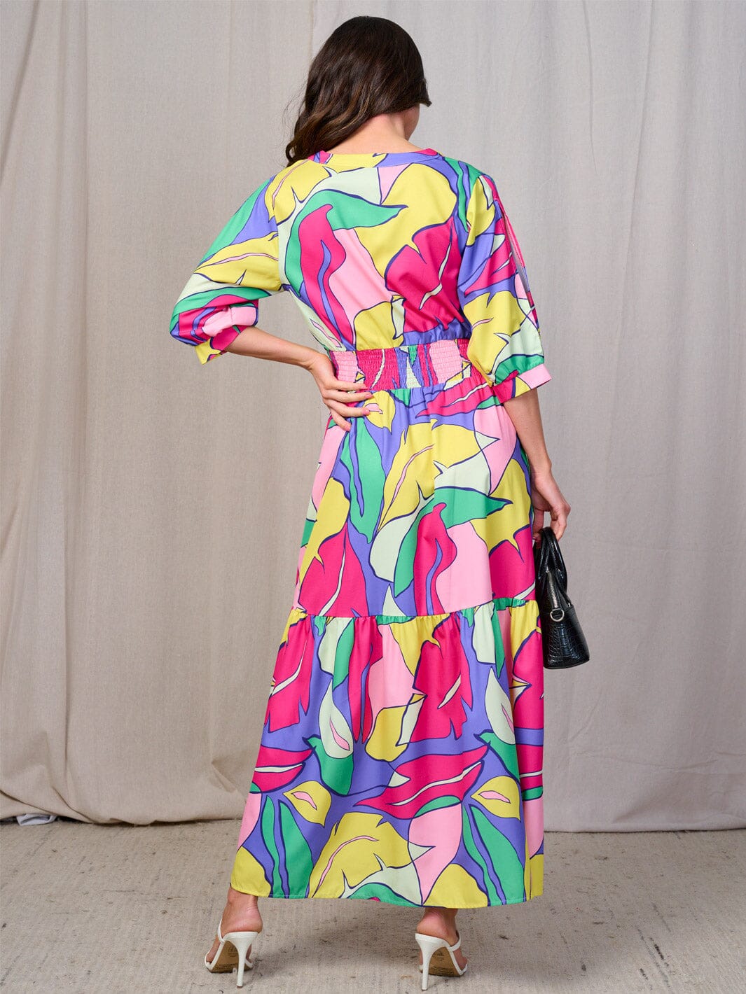 WOMEN'S 3/4 COLD SHOULDER SLEEVES SMOCK WAIST V-NECK MULTI PRINT MAXI DRESS