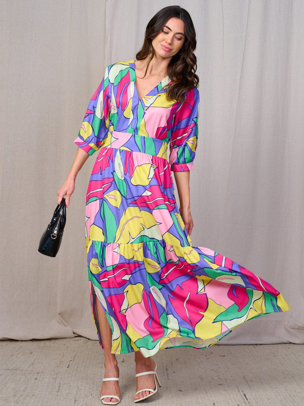 WOMEN'S 3/4 COLD SHOULDER SLEEVES SMOCK WAIST V-NECK MULTI PRINT MAXI DRESS