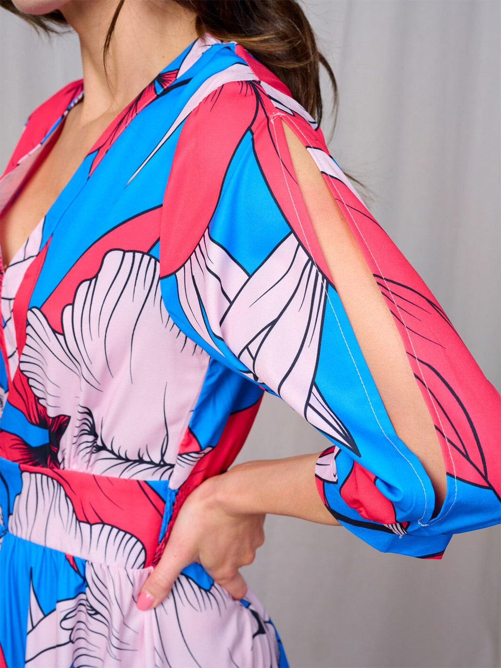 WOMEN'S 3/4 COLD SHOULDER SLEEVES SMOCK WAIST V-NECK MULTI PRINT MAXI DRESS