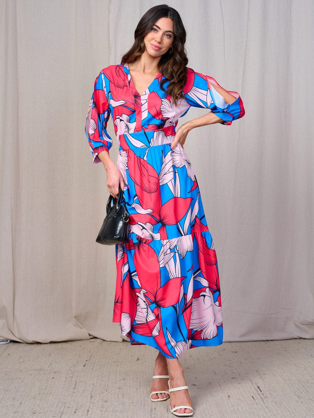 WOMEN'S 3/4 COLD SHOULDER SLEEVES SMOCK WAIST V-NECK MULTI PRINT MAXI DRESS