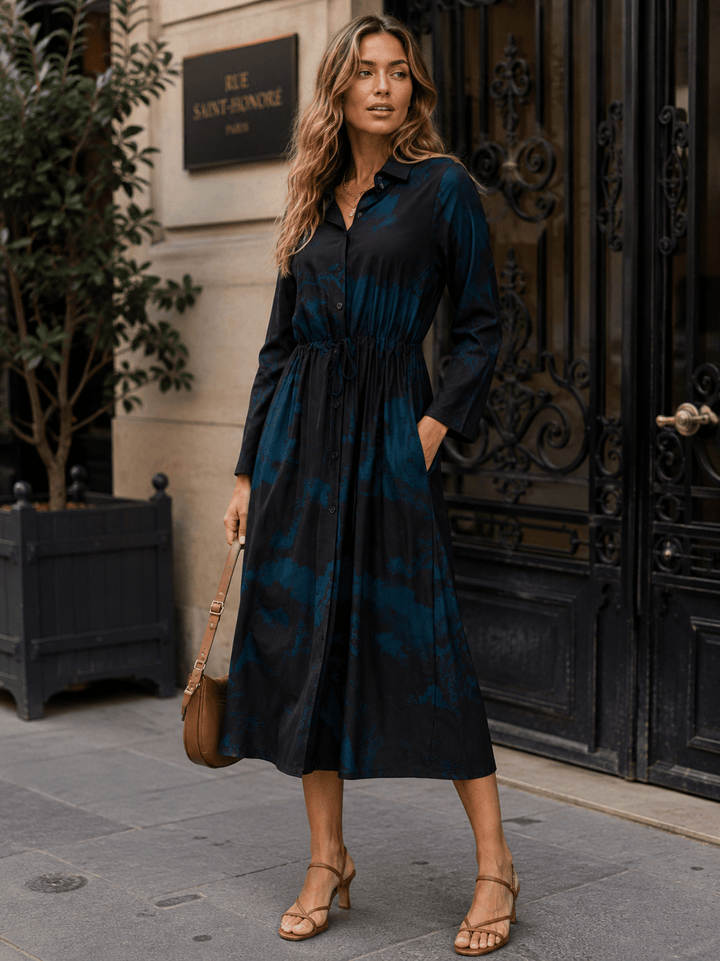 BEULAH WOMEN'S LONG SLEEVE SELF TIE MIDI DRESS