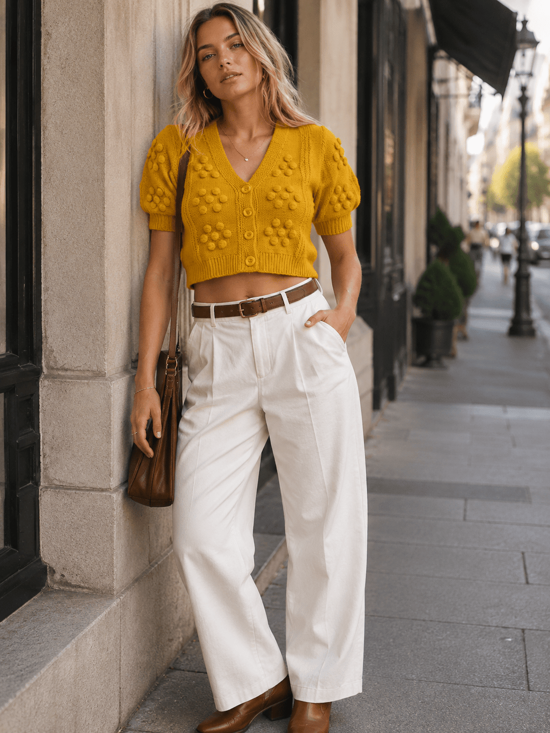WOMEN'S SHORT SLEEVE BUTTON UP V-NECK POM POM DETAILED SWEATER TOP