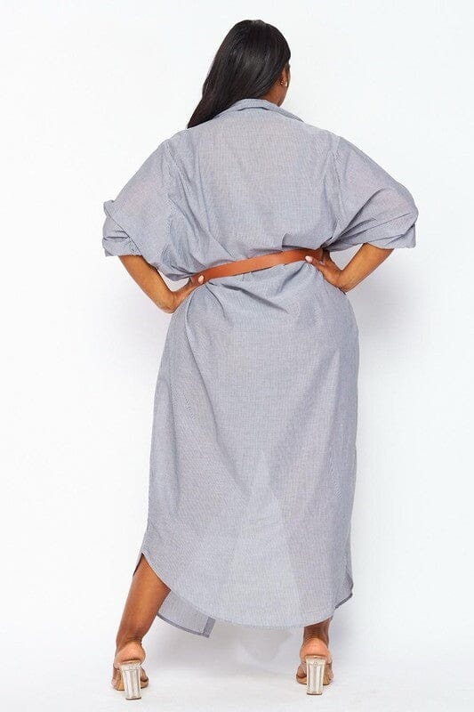 PLUS SIZE LONG SLEEVE BUTTON UP POCKETS STRIPES MAXI TUNIC DRESS