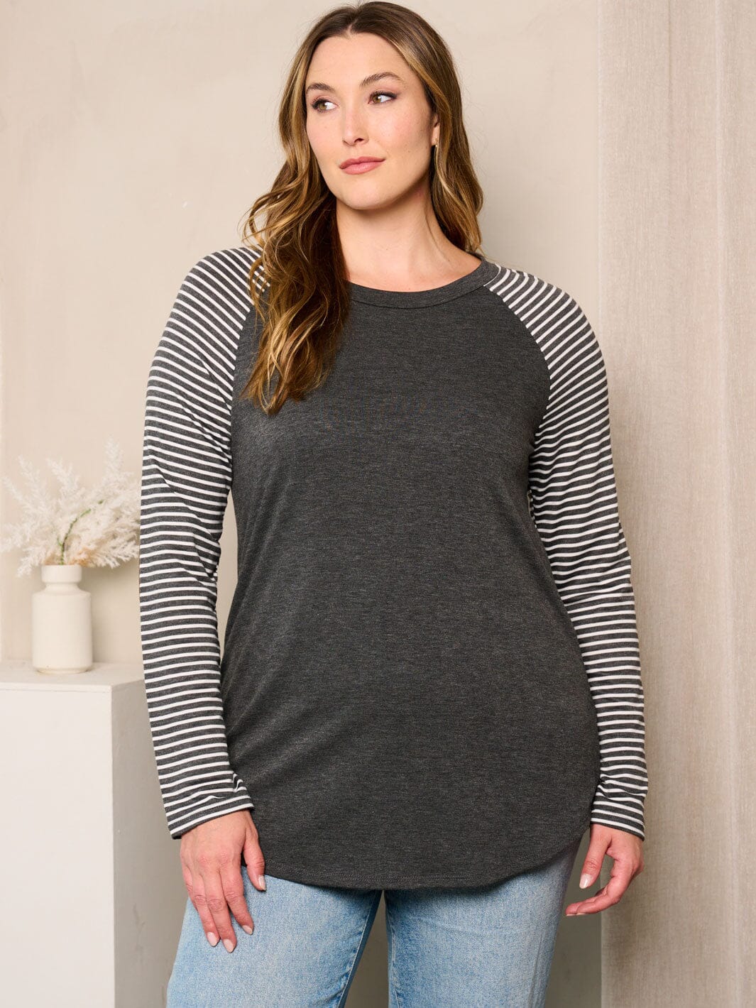 PLUS SIZE LONG SLEEVE ELBOW PATCHED STRIPES TOP