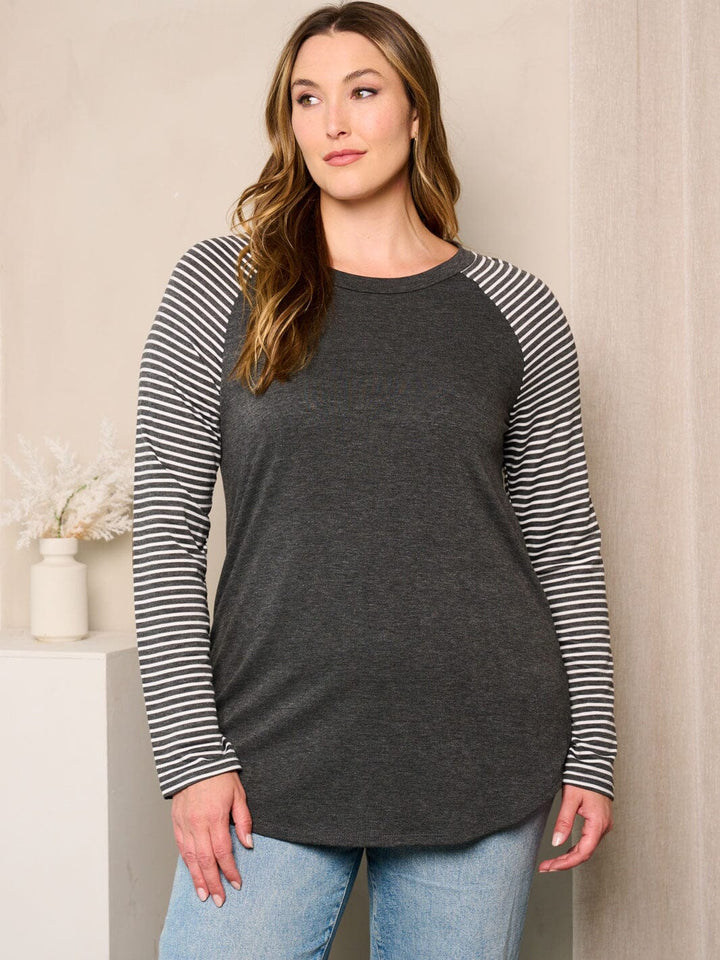 PLUS SIZE LONG SLEEVE ELBOW PATCHED STRIPES TOP