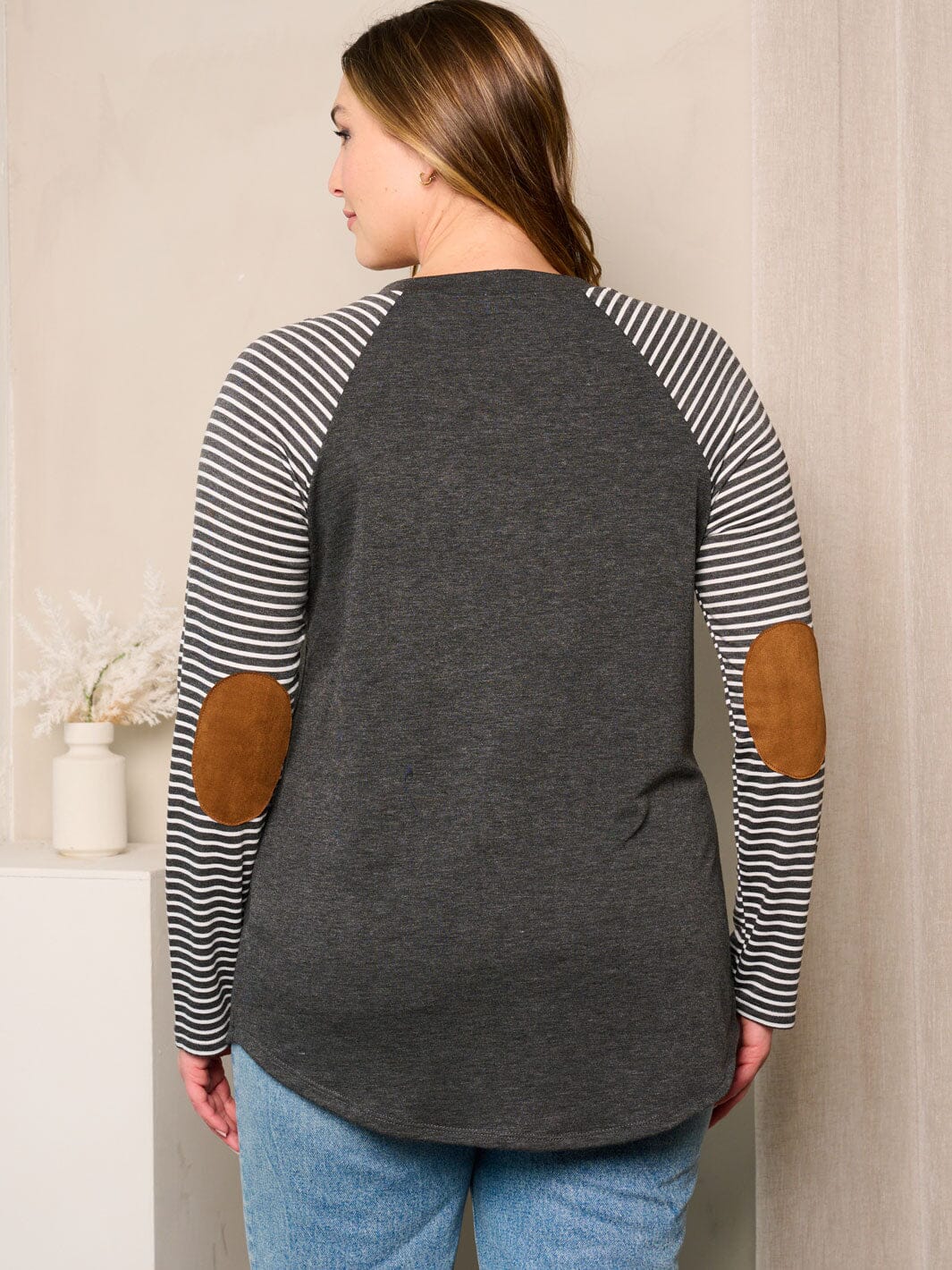 PLUS SIZE LONG SLEEVE ELBOW PATCHED STRIPES TOP