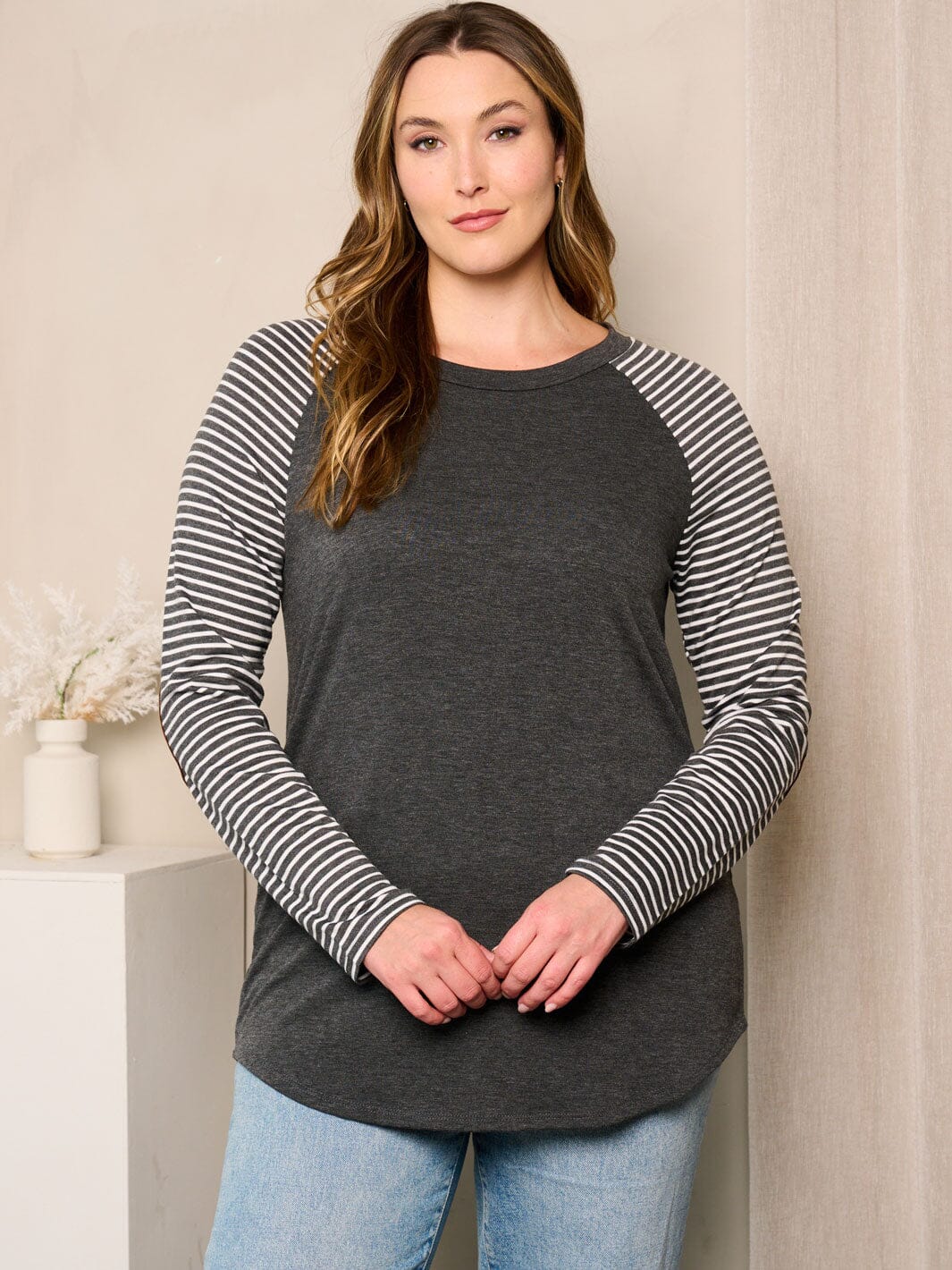 PLUS SIZE LONG SLEEVE ELBOW PATCHED STRIPES TOP