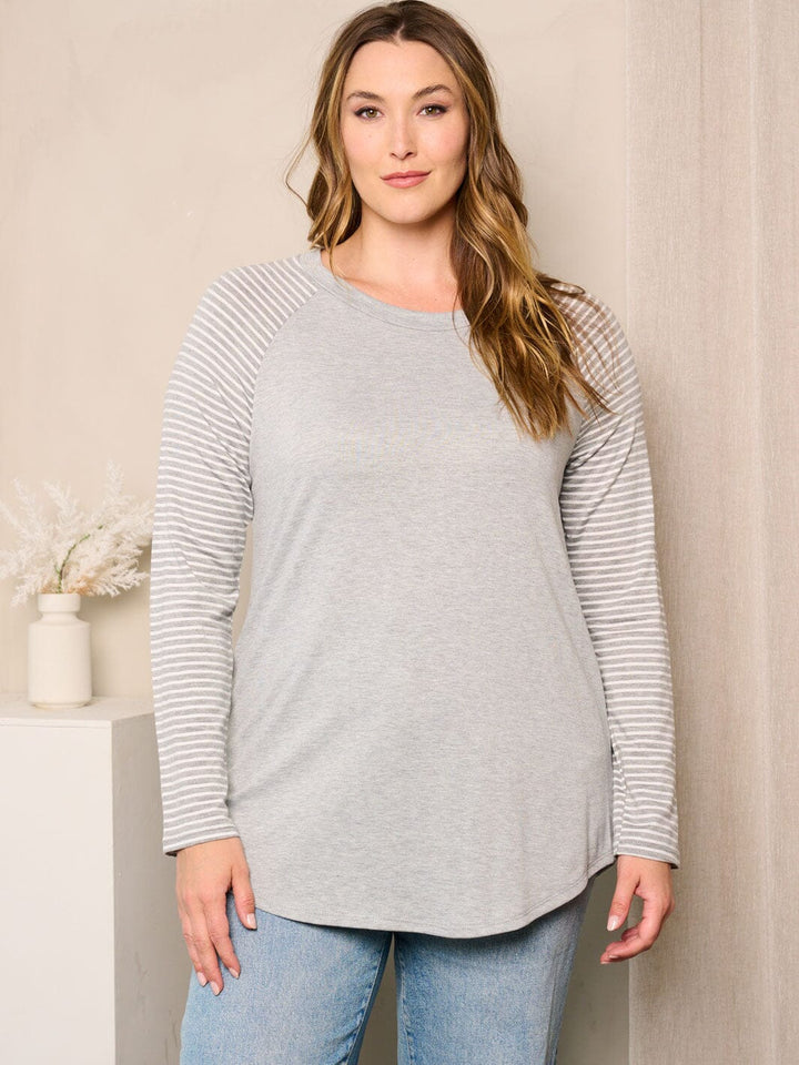 PLUS SIZE LONG SLEEVE ELBOW PATCHED STRIPES TOP