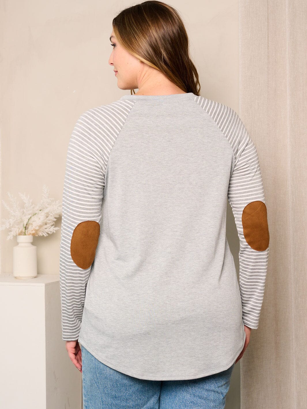 PLUS SIZE LONG SLEEVE ELBOW PATCHED STRIPES TOP