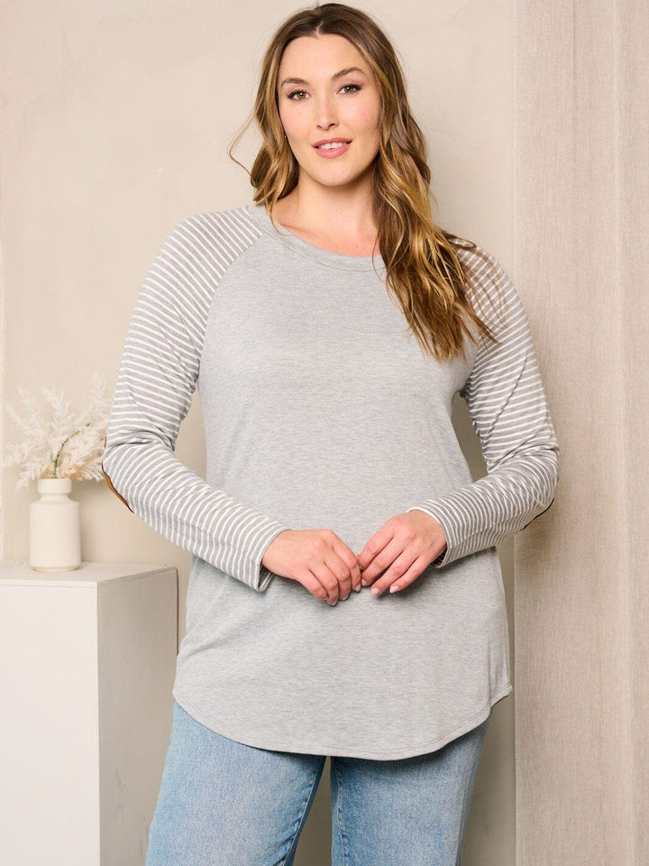 PLUS SIZE LONG SLEEVE ELBOW PATCHED STRIPES TOP