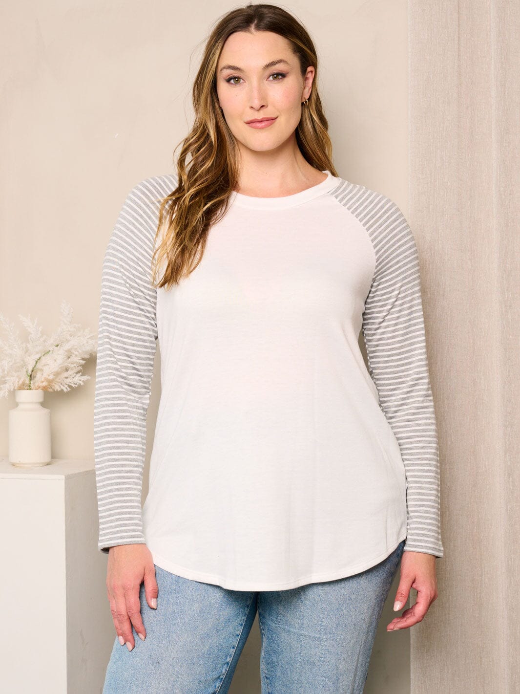 PLUS SIZE LONG SLEEVE ELBOW PATCHED STRIPES TOP