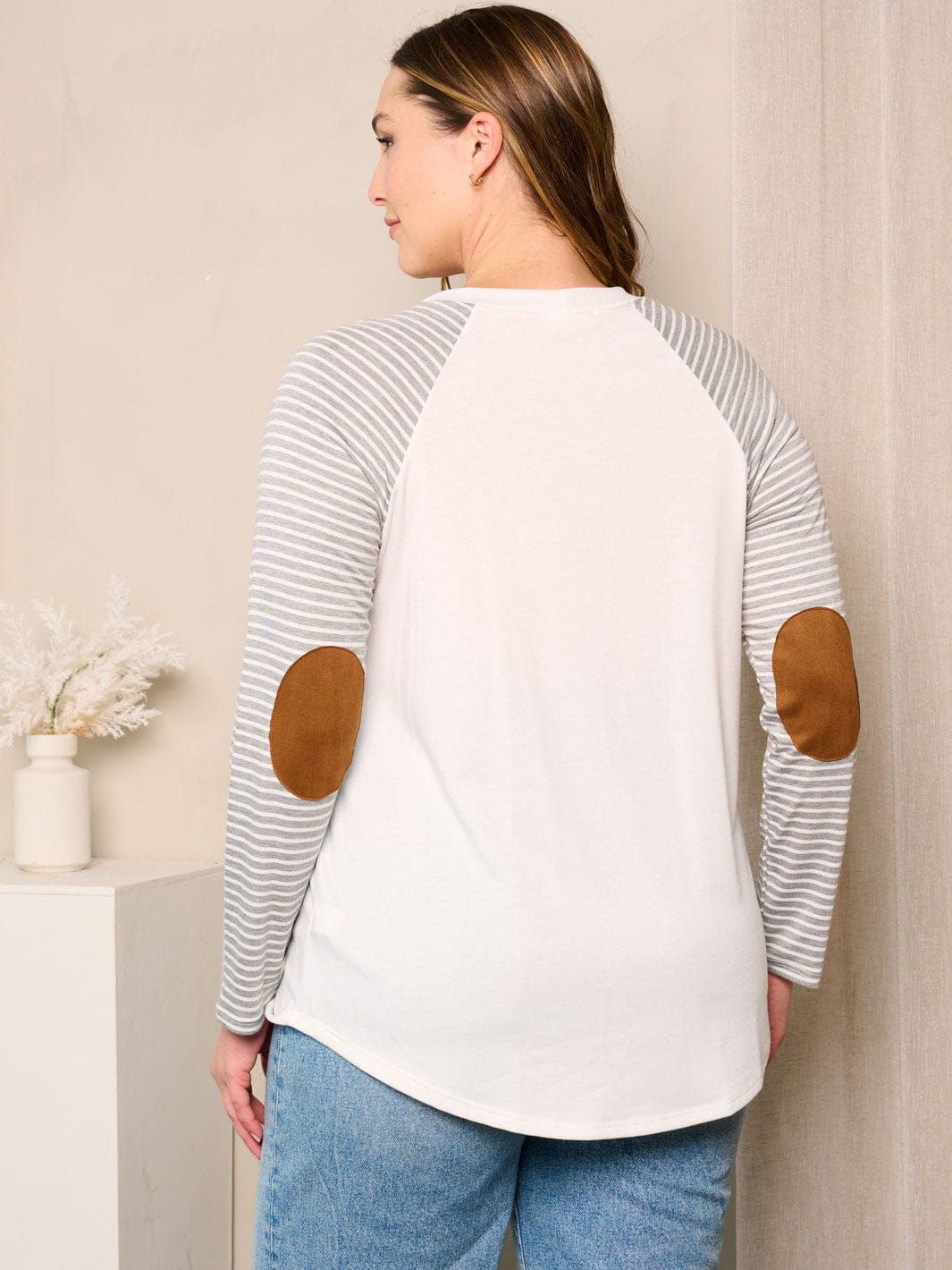 PLUS SIZE LONG SLEEVE ELBOW PATCHED STRIPES TOP