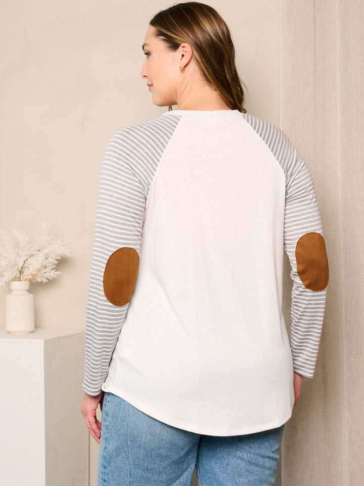 PLUS SIZE LONG SLEEVE ELBOW PATCHED STRIPES TOP