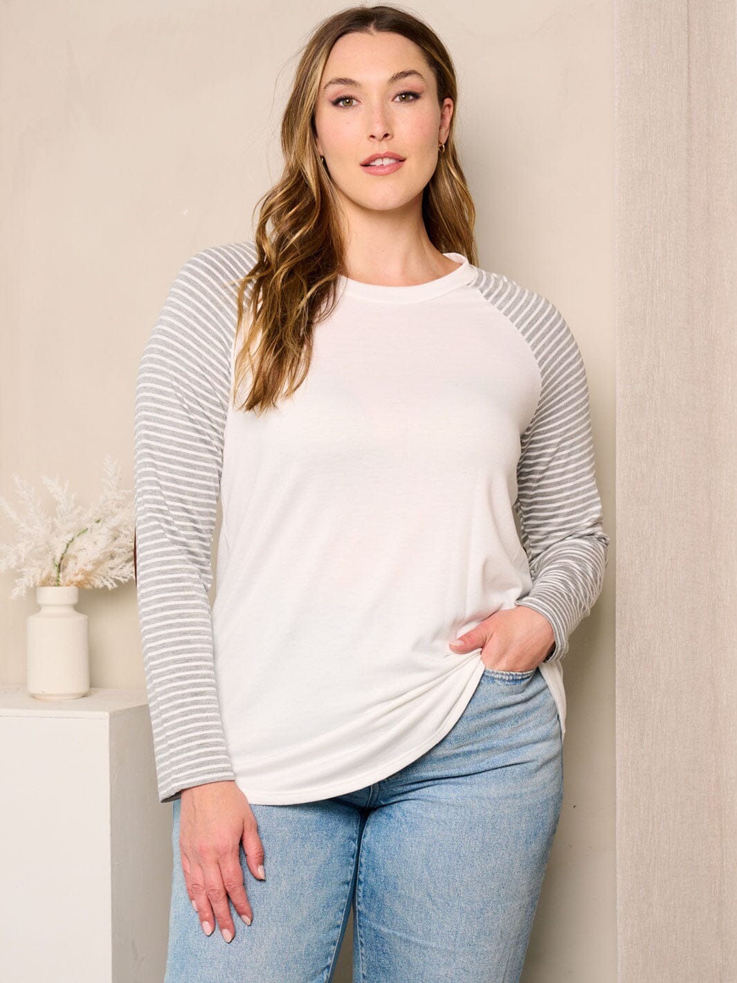 PLUS SIZE LONG SLEEVE ELBOW PATCHED STRIPES TOP