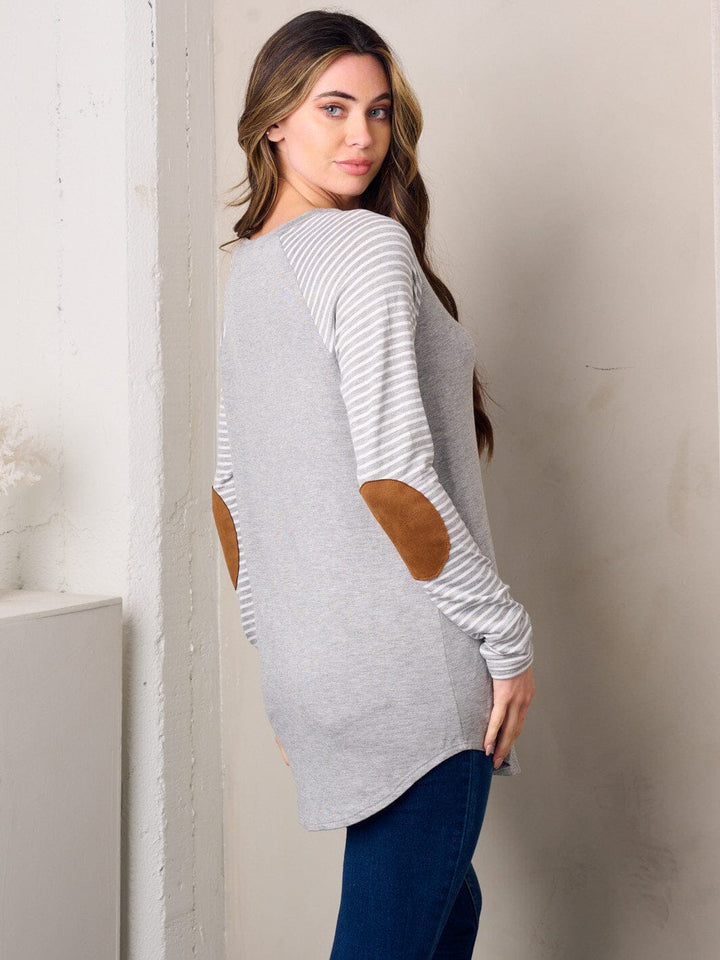 WOMEN'S LONG SLEEVE ELBOW PATCH STRIPES TUNIC TOP