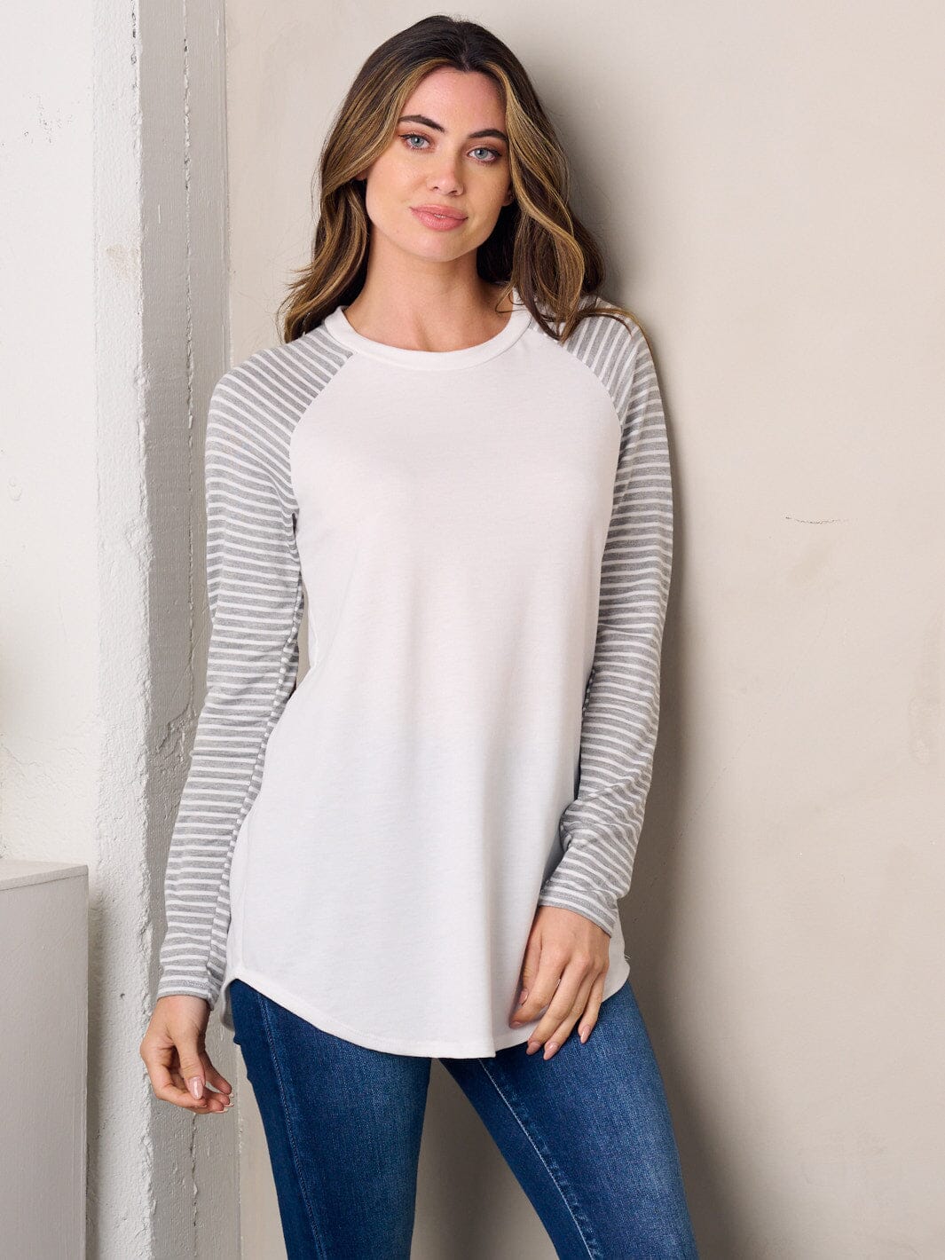WOMEN'S LONG SLEEVE ELBOW PATCH STRIPES TUNIC TOP
