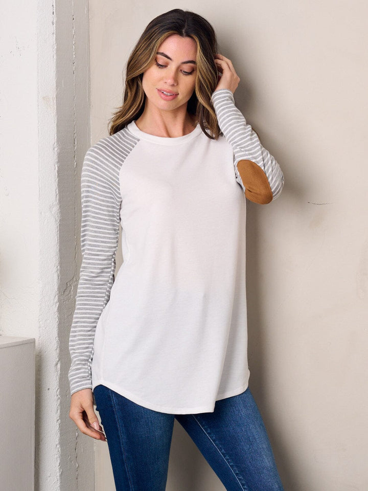 WOMEN'S LONG SLEEVE ELBOW PATCH STRIPES TUNIC TOP
