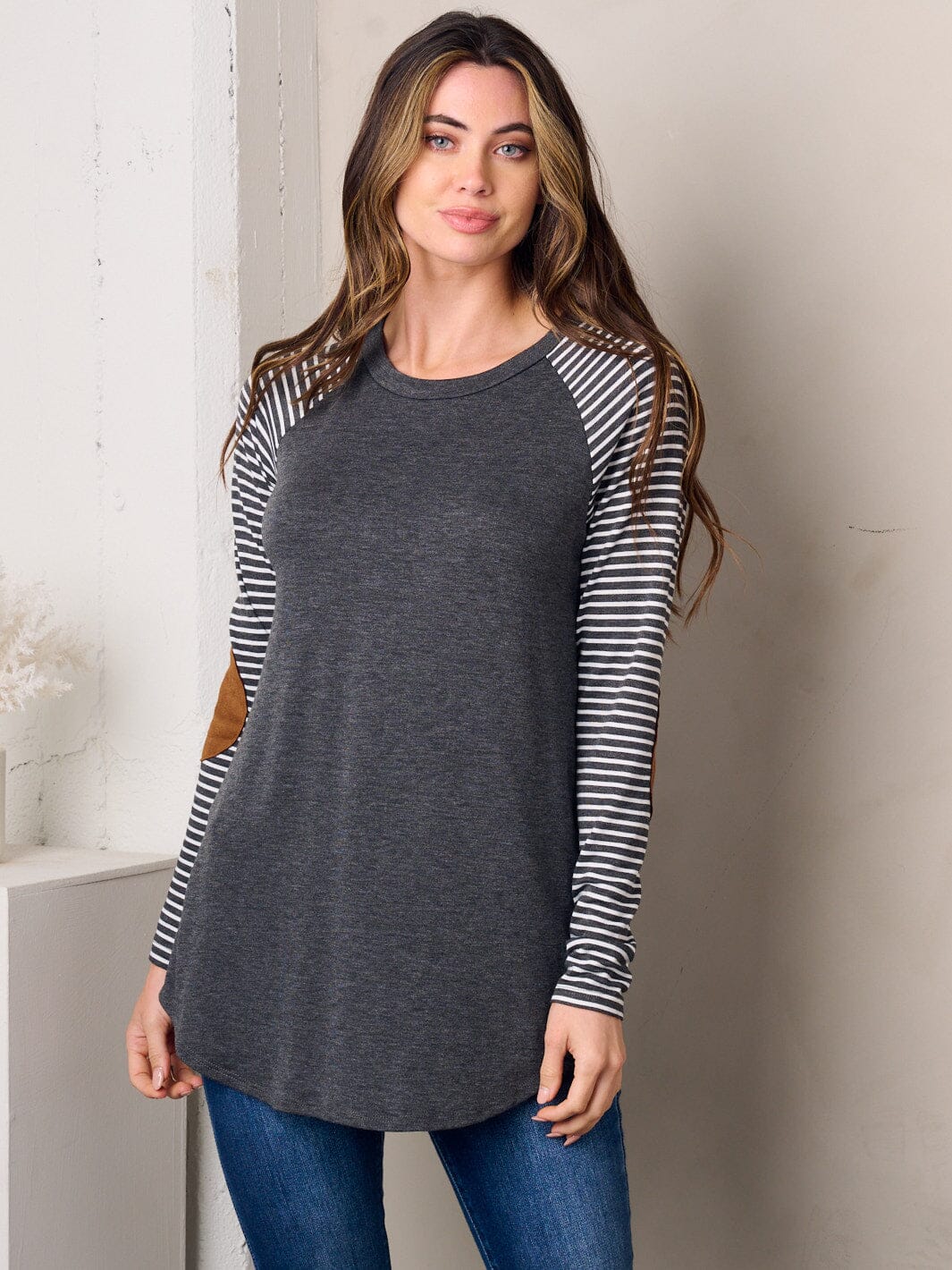 WOMEN'S LONG SLEEVE ELBOW PATCH STRIPES TUNIC TOP