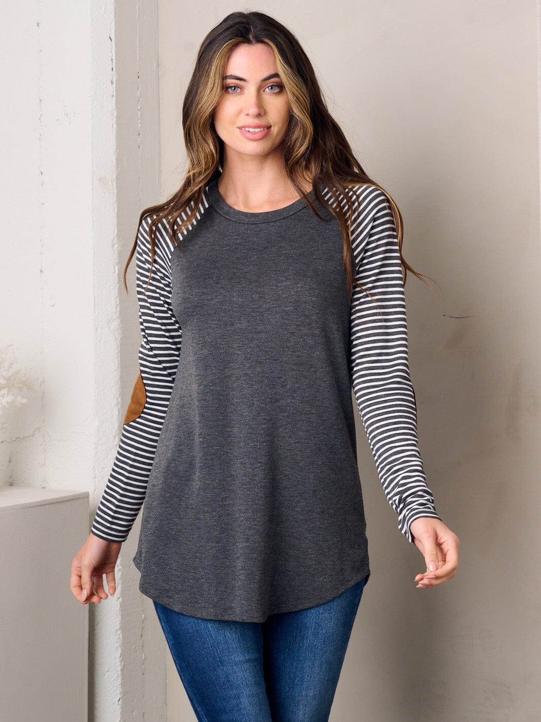 WOMEN'S LONG SLEEVE ELBOW PATCH STRIPES TUNIC TOP