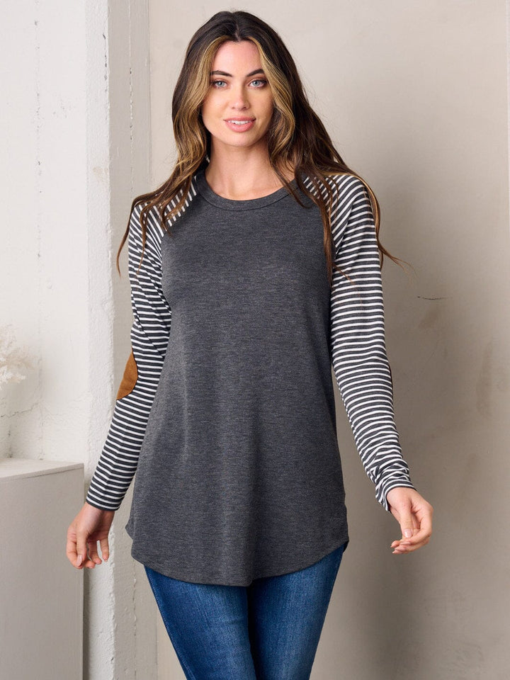 WOMEN'S LONG SLEEVE ELBOW PATCH STRIPES TUNIC TOP