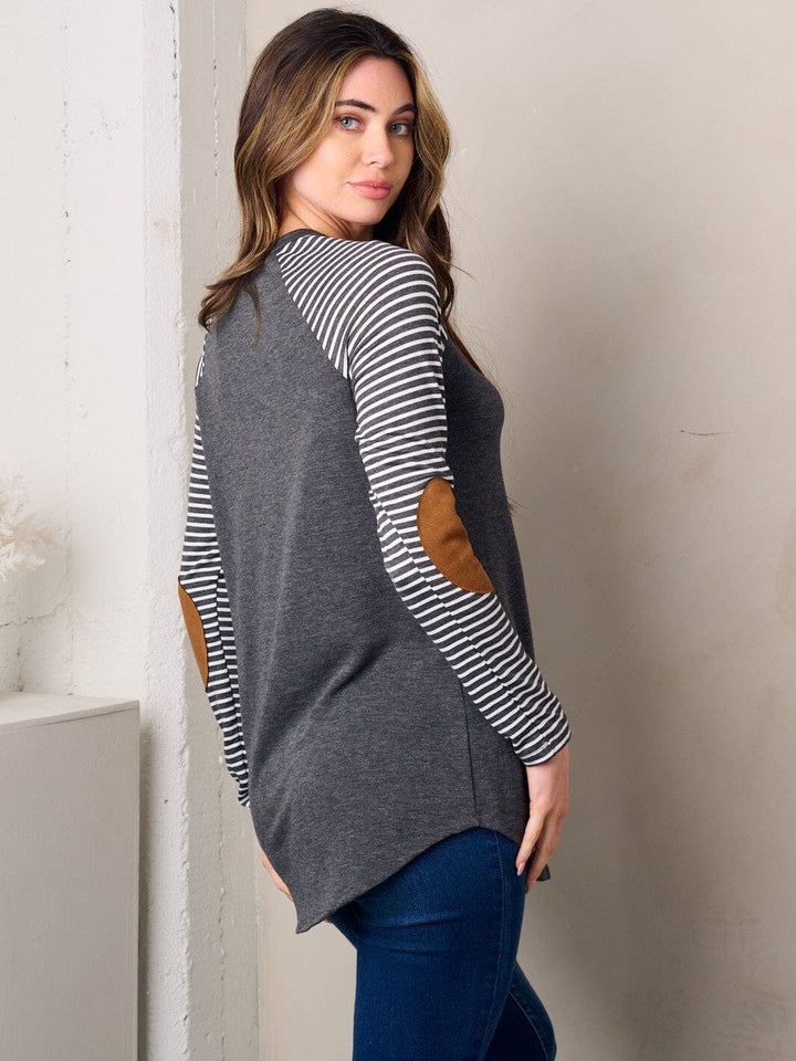 WOMEN'S LONG SLEEVE ELBOW PATCH STRIPES TUNIC TOP