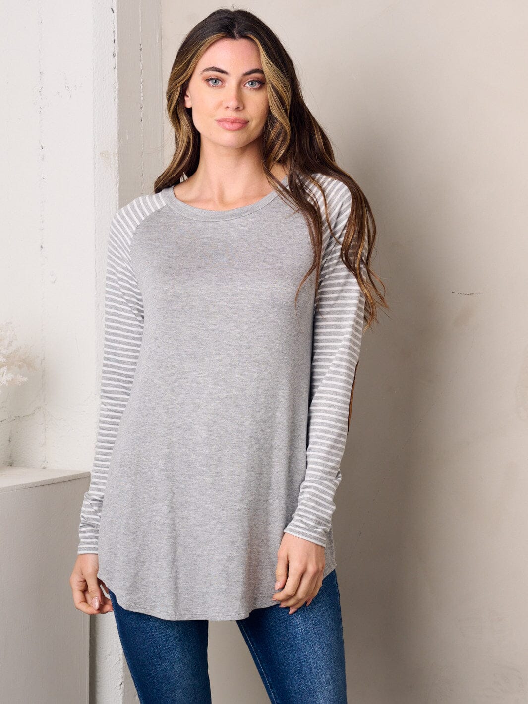WOMEN'S LONG SLEEVE ELBOW PATCH STRIPES TUNIC TOP