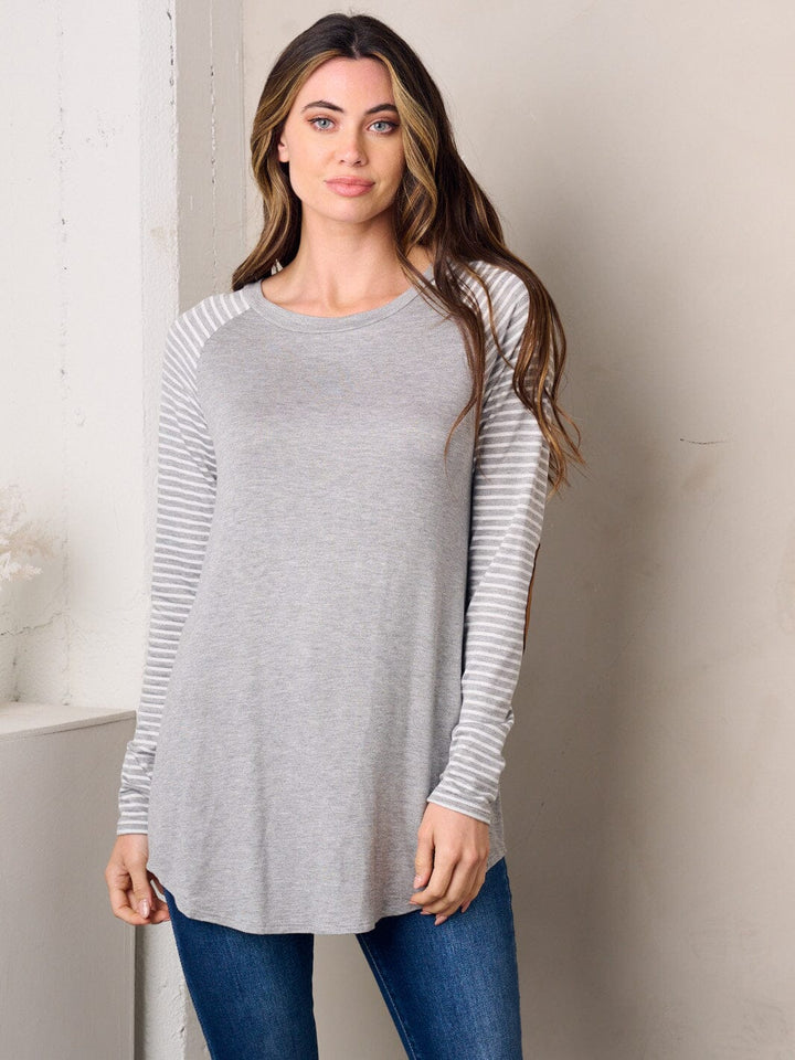 WOMEN'S LONG SLEEVE ELBOW PATCH STRIPES TUNIC TOP