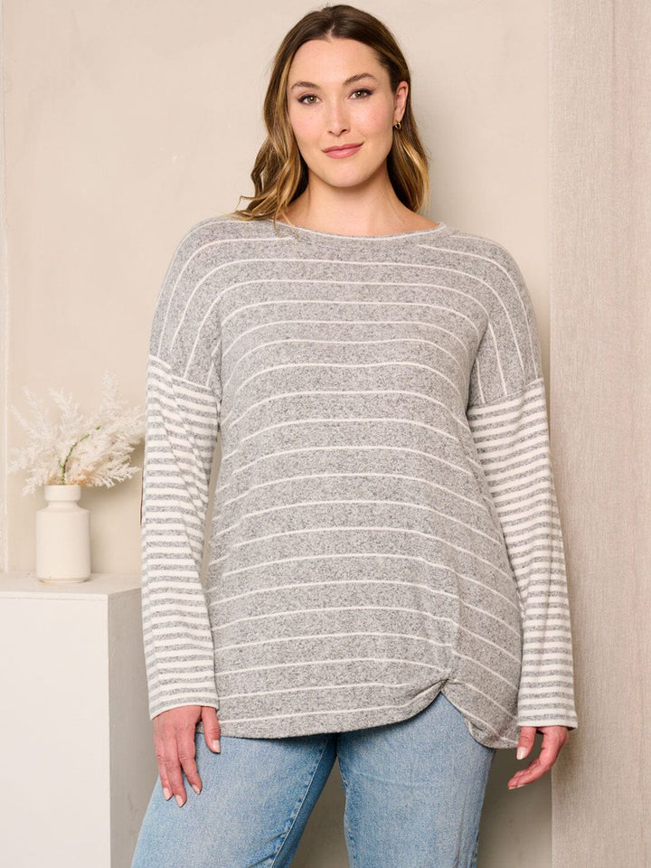 PLUS SIZE LONG SLEEVE ELBOW PATCHED STRIPES TOP