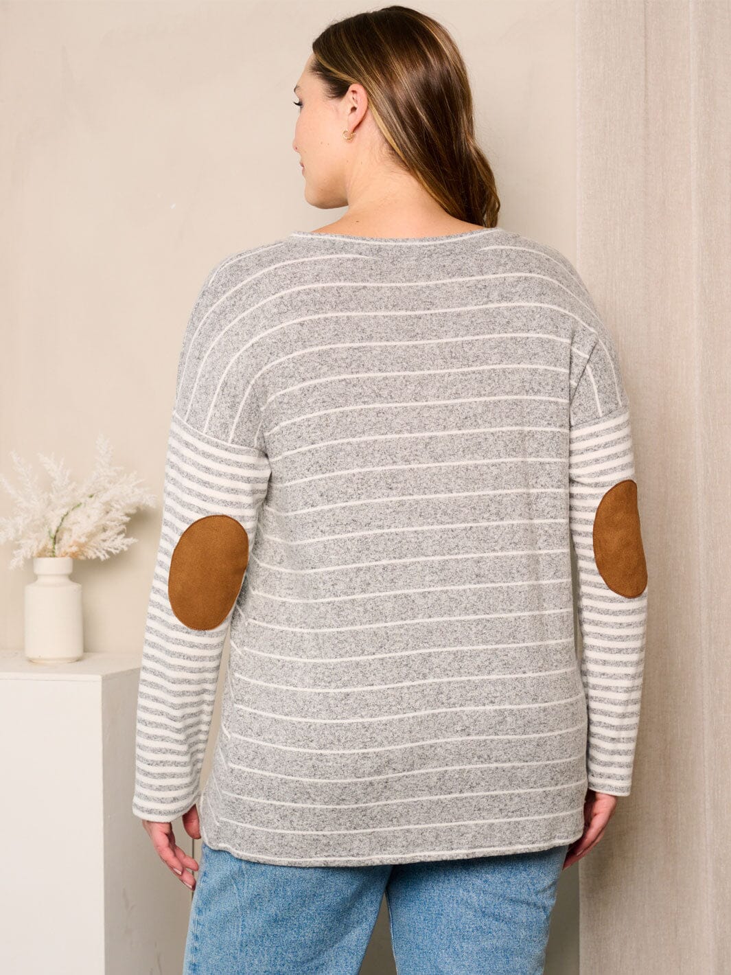 PLUS SIZE LONG SLEEVE ELBOW PATCHED STRIPES TOP