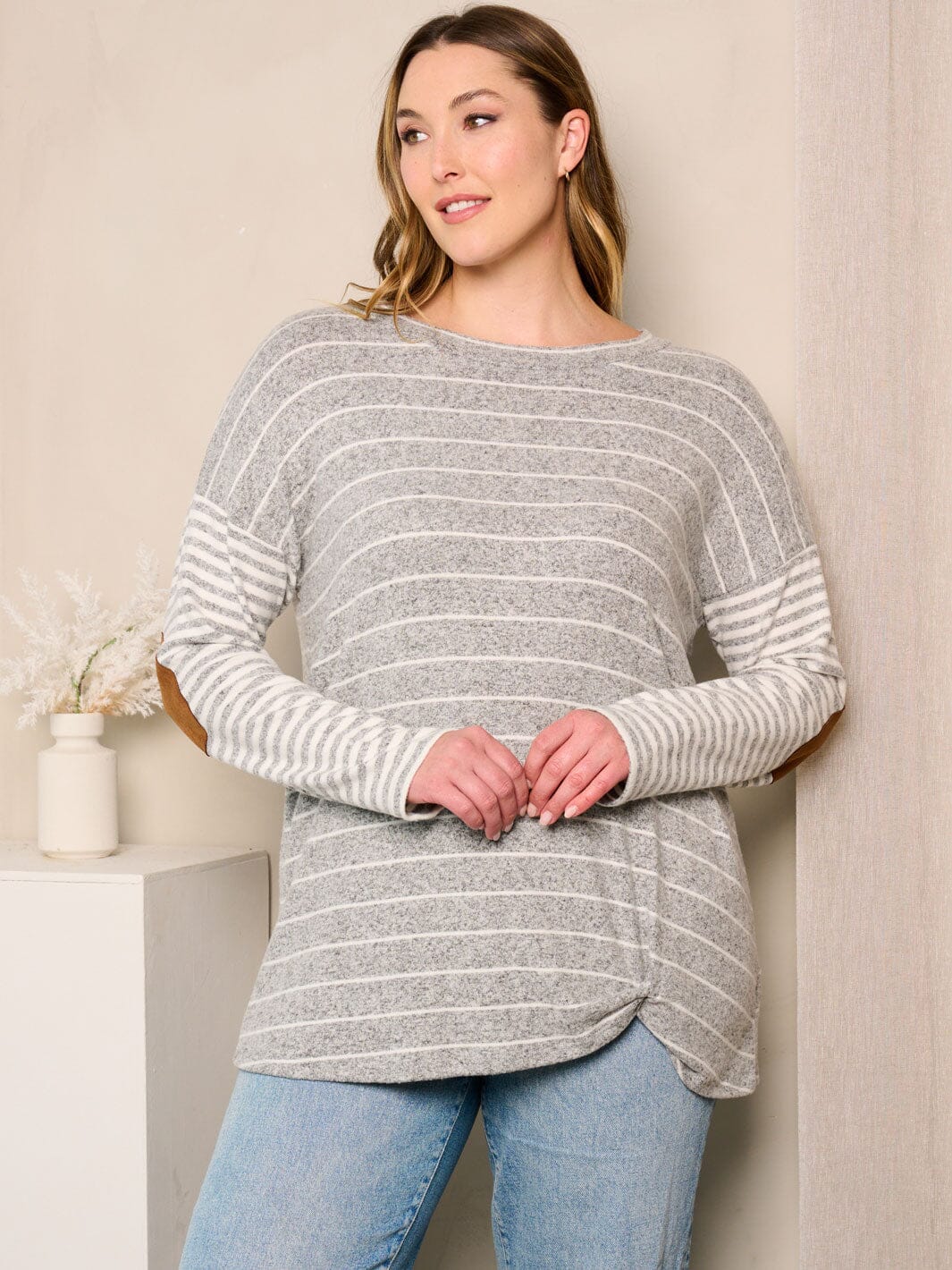 PLUS SIZE LONG SLEEVE ELBOW PATCHED STRIPES TOP